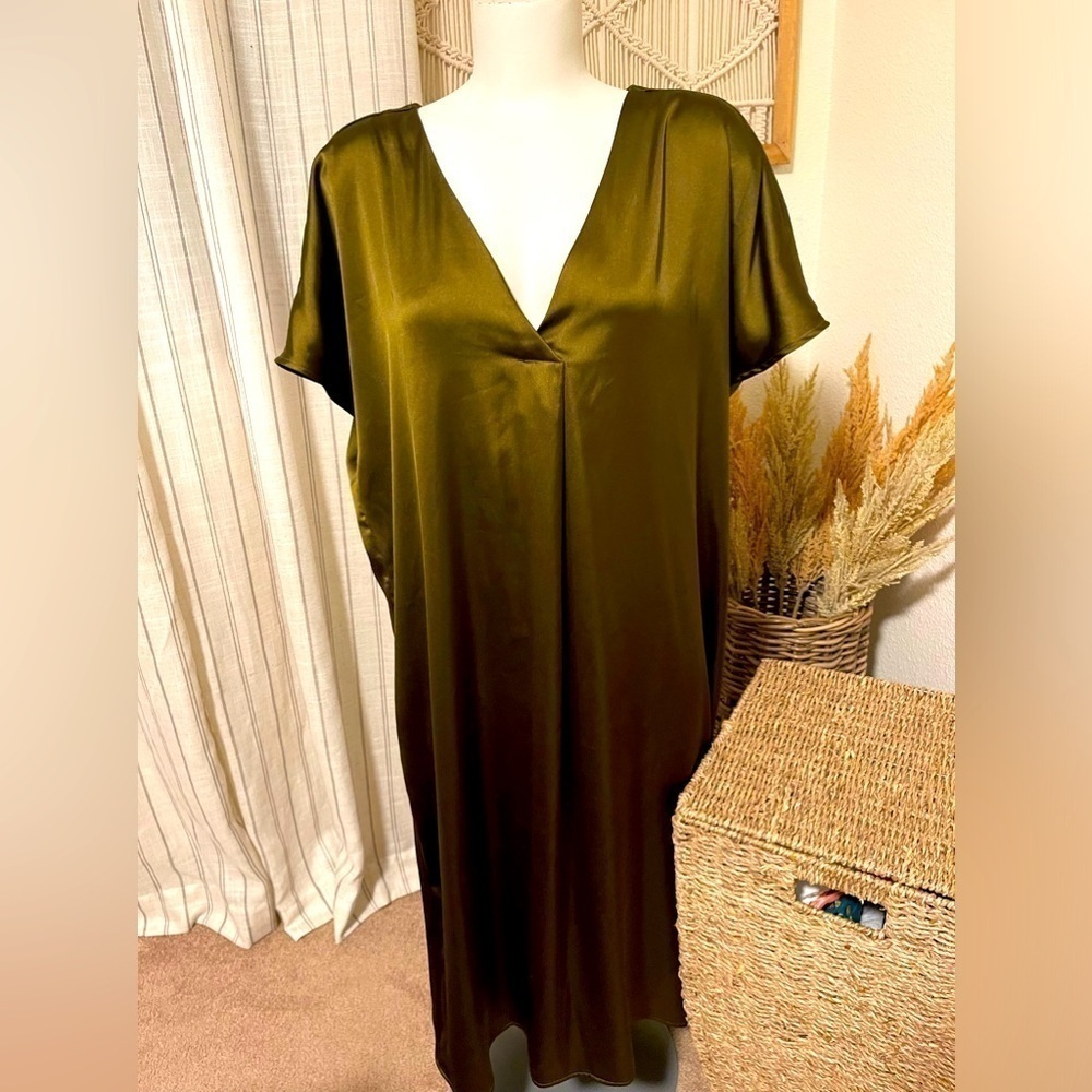 Worthington Olive Green Satin XS Dress. Deep V in Front and Back. Very Flowy - Picture 1 of 2